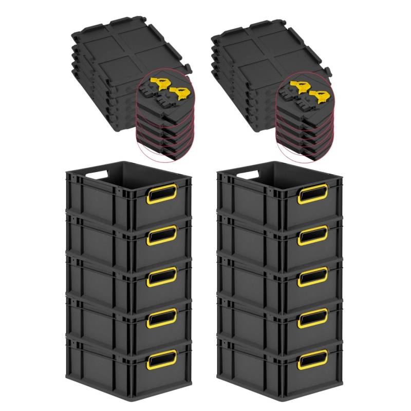 PROREGAL SuperSparSet 10x Eurobox Nextgen Color Mit Scharnierdeckel HxBxT 17x30x40cm 16 Liter Schwarz Griffe Gelb Offen Eurobehälter Transportbox von PROREGAL