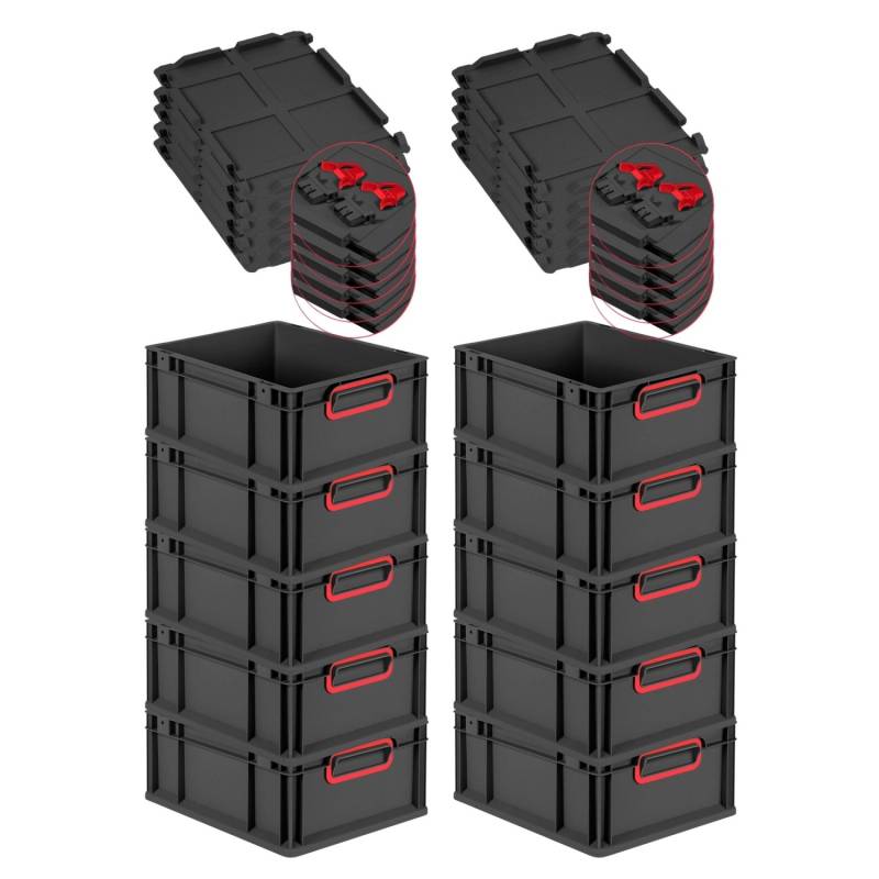 PROREGAL SuperSparSet 10x Eurobox Nextgen Color Mit Scharnierdeckel HxBxT 17x30x40cm 16 Liter Schwarz Griffe Rot Geschlossen Eurobehälter Transportbox von PROREGAL