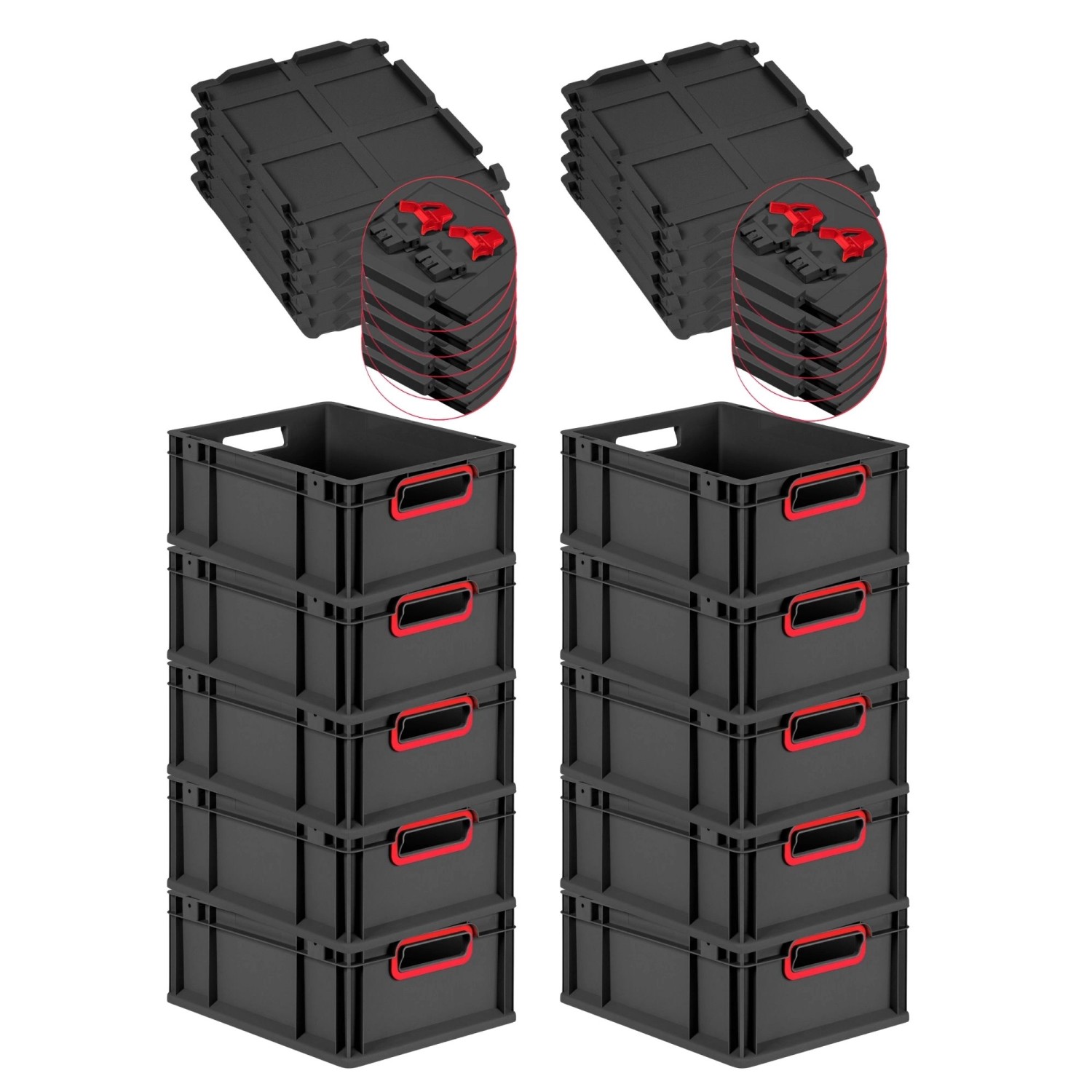 PROREGAL SuperSparSet 10x Eurobox Nextgen Color Mit Scharnierdeckel HxBxT 17x30x40cm 16 Liter Schwarz Griffe Rot Offen Eurobehälter Transportbox von PROREGAL
