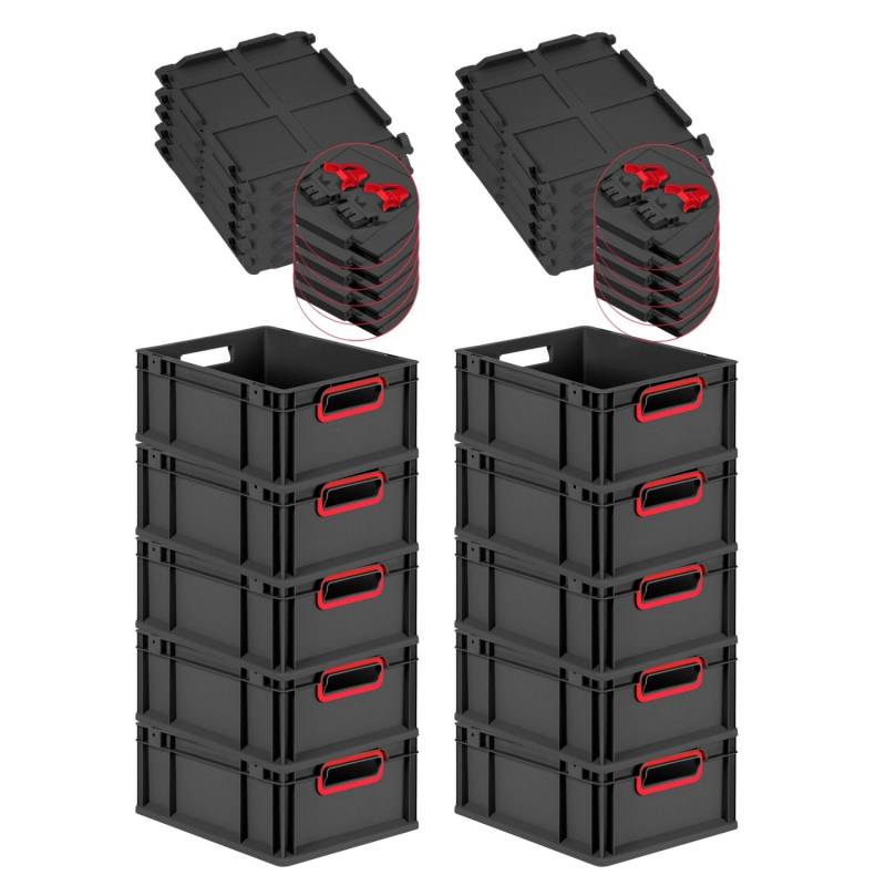 PROREGAL SuperSparSet 10x Eurobox Nextgen Color Mit Scharnierdeckel HxBxT 17x30x40cm 16 Liter Schwarz Griffe Rot Offen Eurobehälter Transportbox von PROREGAL