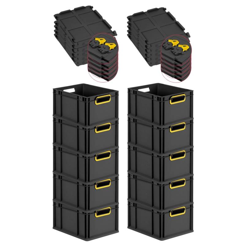 PROREGAL SuperSparSet 10x Eurobox Nextgen Color Mit Scharnierdeckel HxBxT 22x30x40cm 20 Liter Schwarz Griffe Gelb Offen Eurobehälter Transportbox von PROREGAL