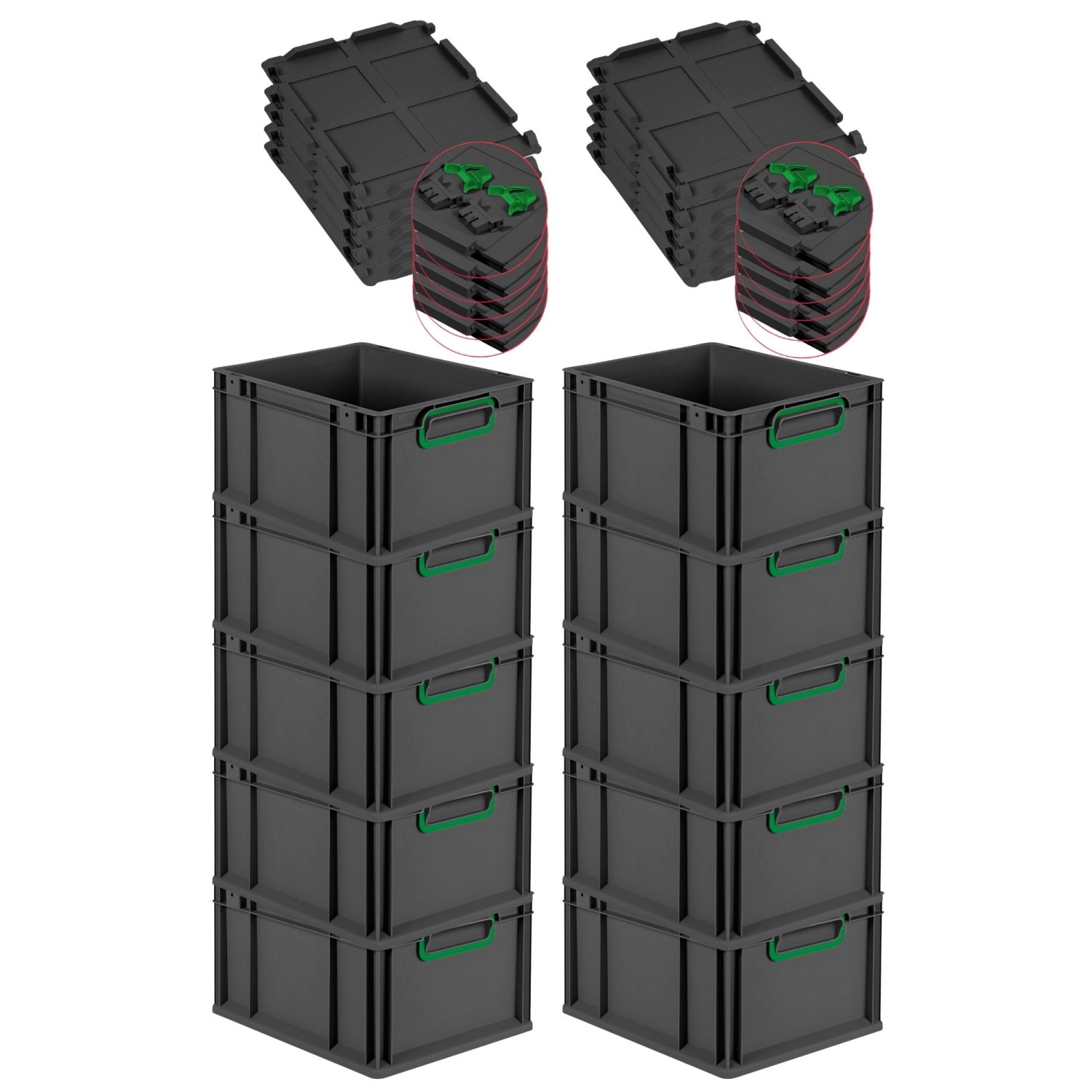PROREGAL SuperSparSet 10x Eurobox Nextgen Color Mit Scharnierdeckel HxBxT 22x30x40cm 20 Liter Schwarz Griffe Grün Geschlossen Eurobehälter von PROREGAL
