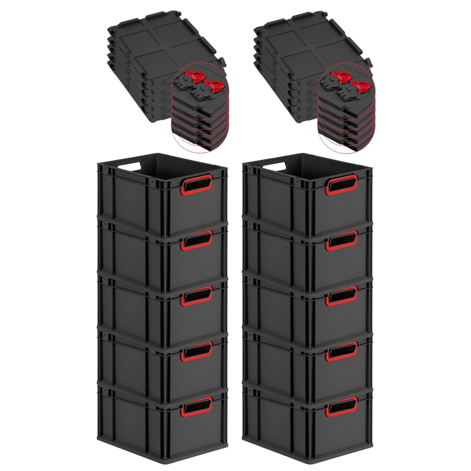 PROREGAL SuperSparSet 10x Eurobox Nextgen Color Mit Scharnierdeckel HxBxT 22x30x40cm 20 Liter Schwarz Griffe Rot Offen Eurobehälter Transportbox von PROREGAL