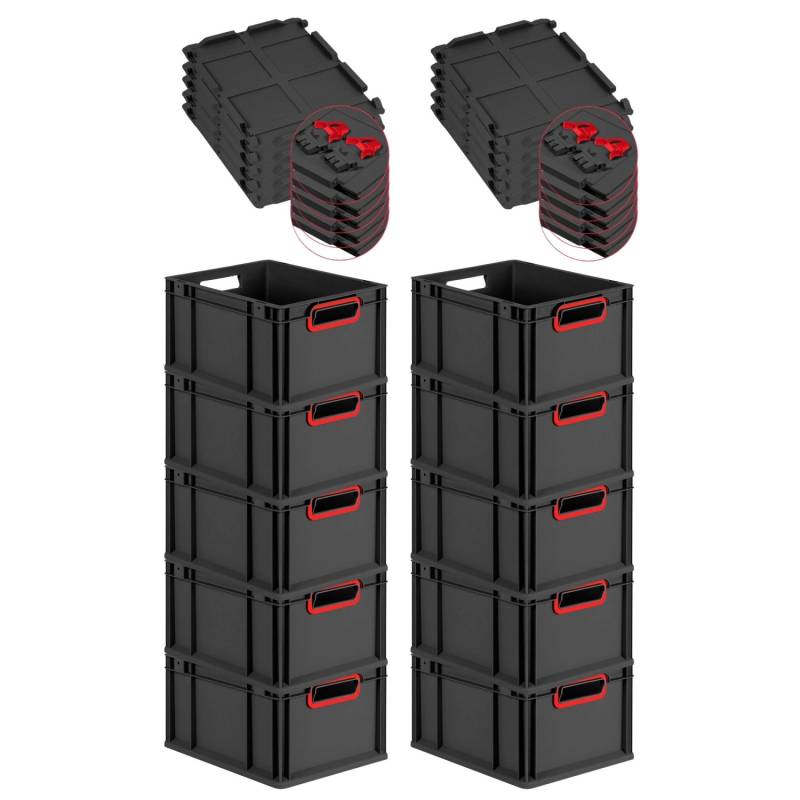 PROREGAL SuperSparSet 10x Eurobox Nextgen Color Mit Scharnierdeckel HxBxT 22x30x40cm 20 Liter Schwarz Griffe Rot Offen Eurobehälter Transportbox von PROREGAL