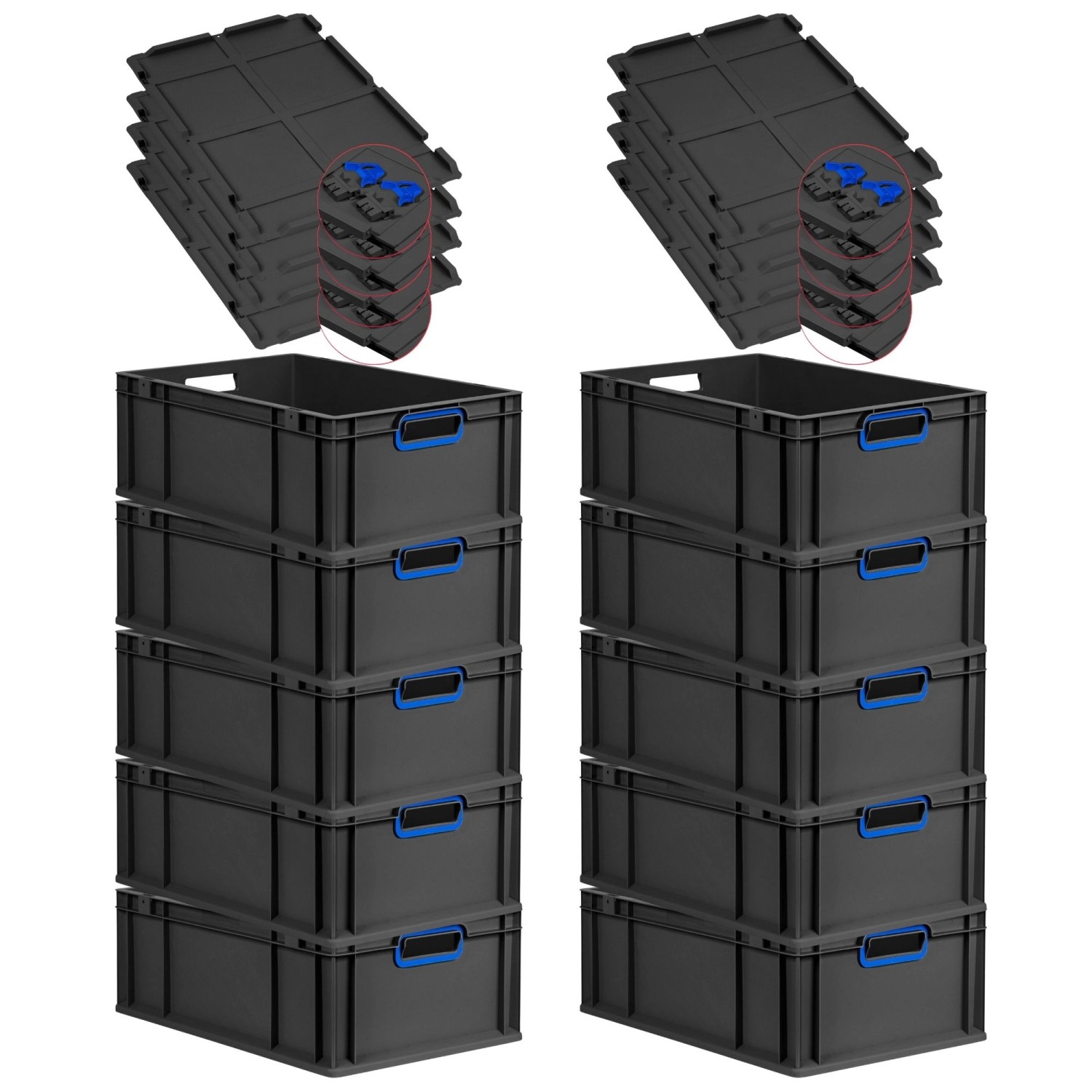 PROREGAL SuperSparSet 10x Eurobox Nextgen Color Mit Scharnierdeckel HxBxT 22x40x60cm 44 Liter Schwarz Griffe Blau Offen Eurobehälter Transportbox von PROREGAL