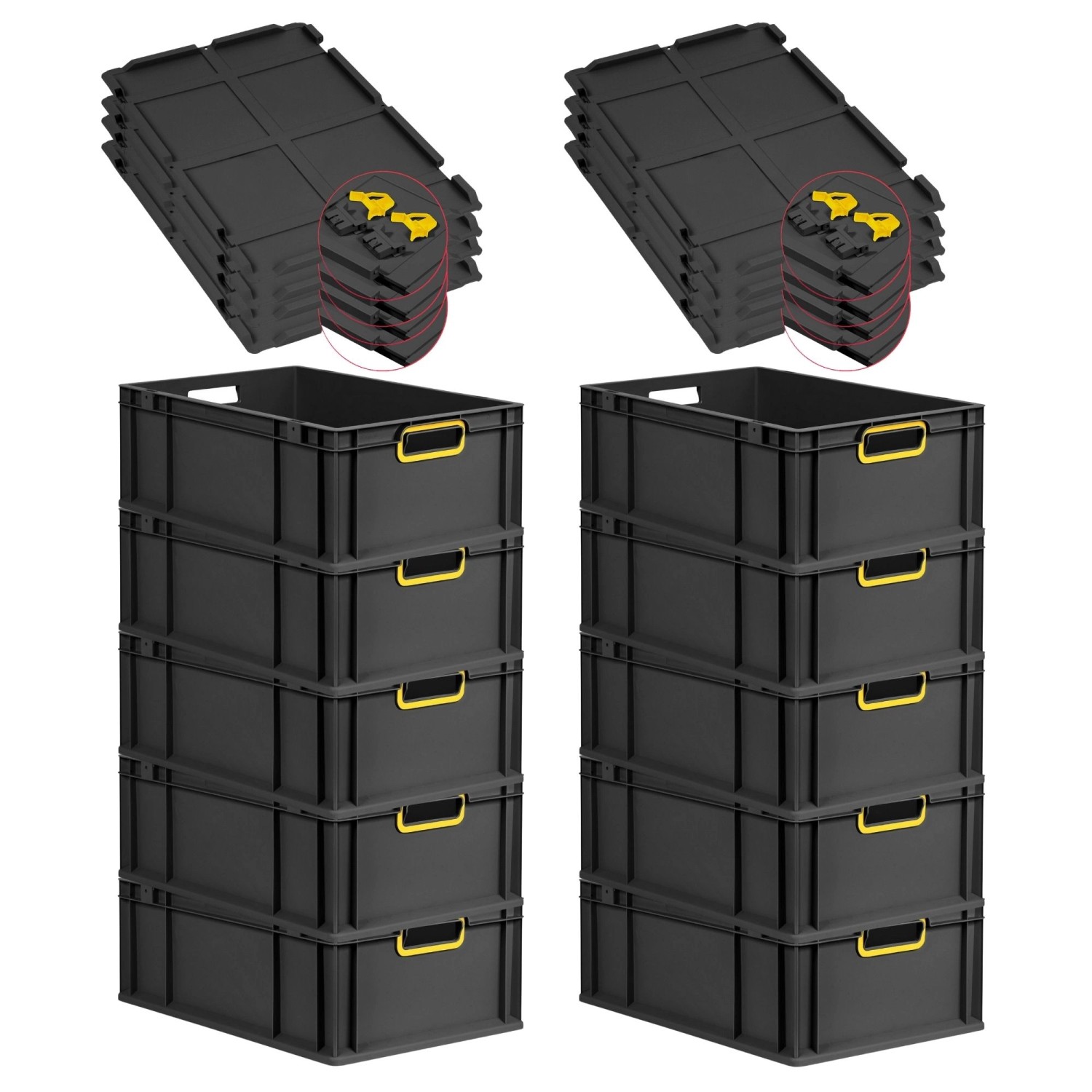 PROREGAL SuperSparSet 10x Eurobox Nextgen Color Mit Scharnierdeckel HxBxT 22x40x60cm 44 Liter Schwarz Griffe Gelb Offen Eurobehälter Transportbox von PROREGAL