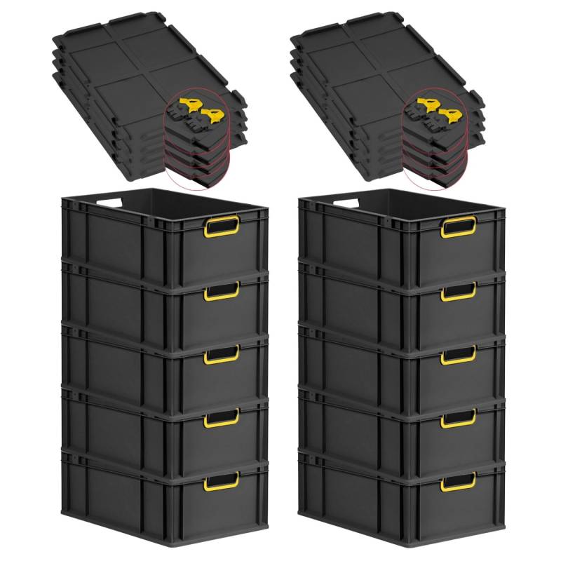 PROREGAL SuperSparSet 10x Eurobox Nextgen Color Mit Scharnierdeckel HxBxT 22x40x60cm 44 Liter Schwarz Griffe Gelb Offen Eurobehälter Transportbox von PROREGAL