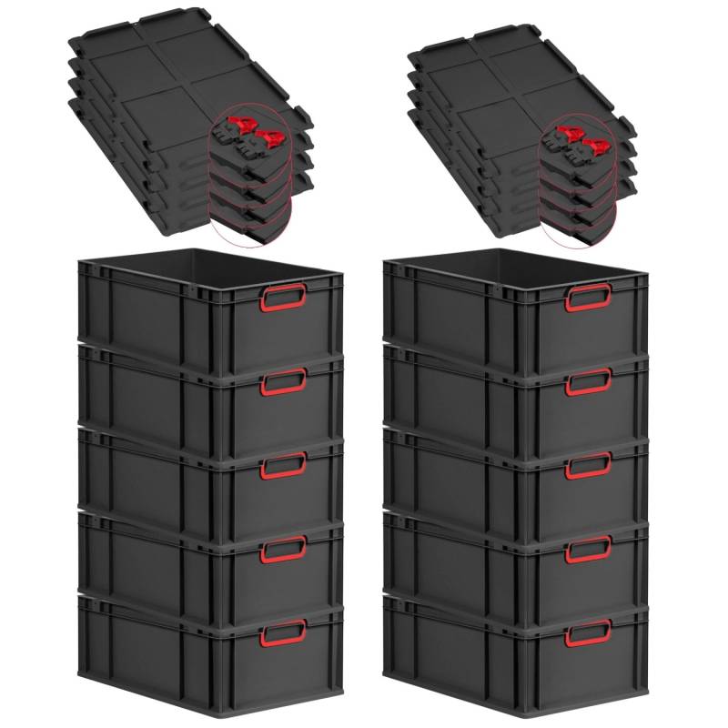 PROREGAL SuperSparSet 10x Eurobox Nextgen Color Mit Scharnierdeckel HxBxT 22x40x60cm 44 Liter Schwarz Griffe Rot Geschlossen Eurobehälter Transportbox von PROREGAL