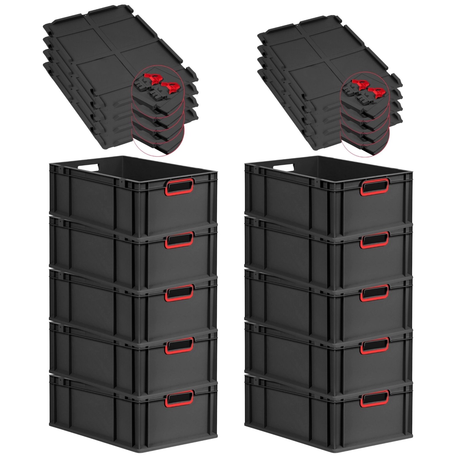 PROREGAL SuperSparSet 10x Eurobox Nextgen Color Mit Scharnierdeckel HxBxT 22x40x60cm 44 Liter Schwarz Griffe Rot Offen Eurobehälter Transportbox von PROREGAL