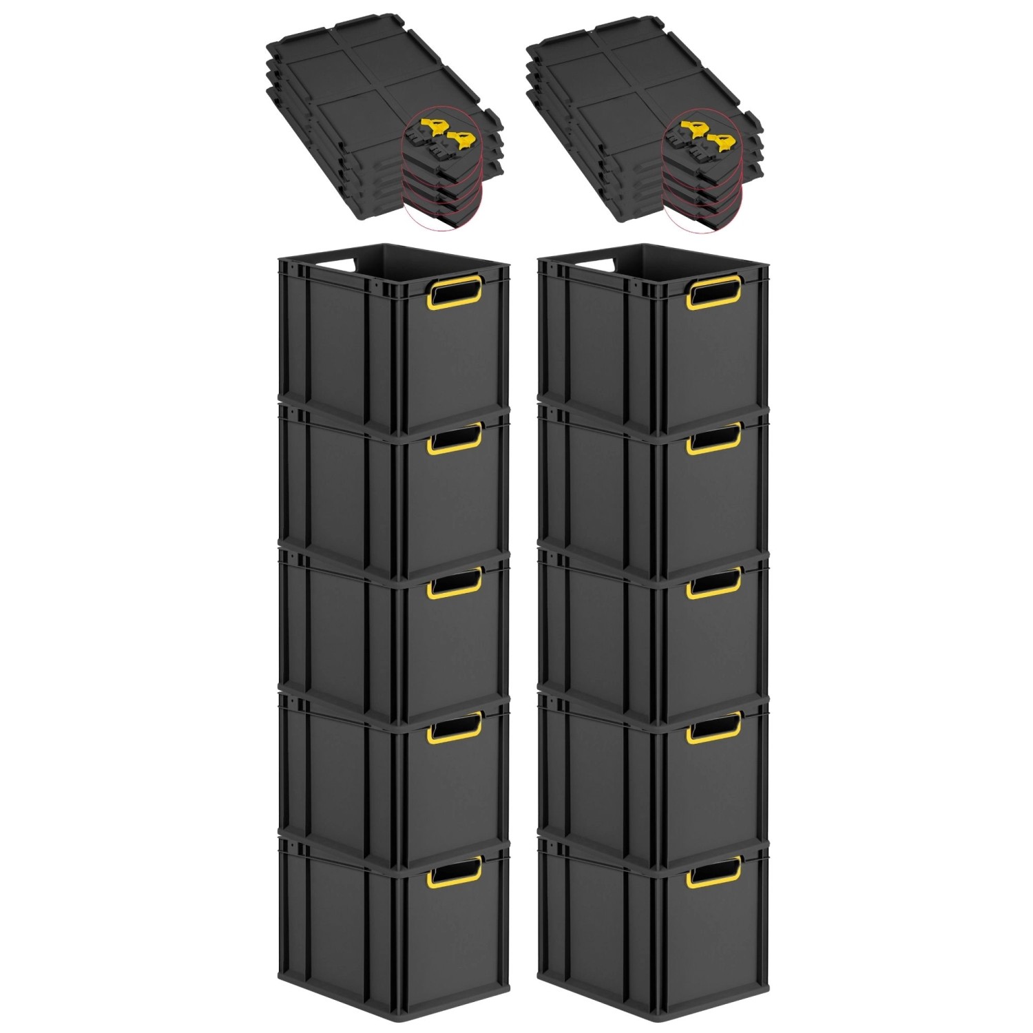PROREGAL SuperSparSet 10x Eurobox Nextgen Color Mit Scharnierdeckel HxBxT 32x30x40cm 30 Liter Schwarz Griffe Gelb Offen Eurobehälter Transportbox von PROREGAL