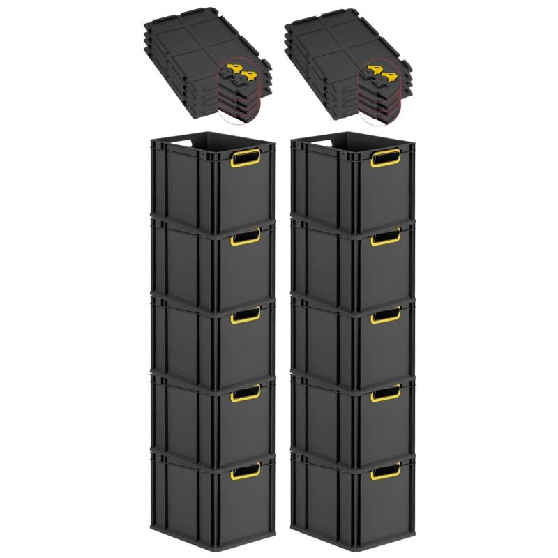 PROREGAL SuperSparSet 10x Eurobox Nextgen Color Mit Scharnierdeckel HxBxT 32x30x40cm 30 Liter Schwarz Griffe Gelb Offen Eurobehälter Transportbox von PROREGAL