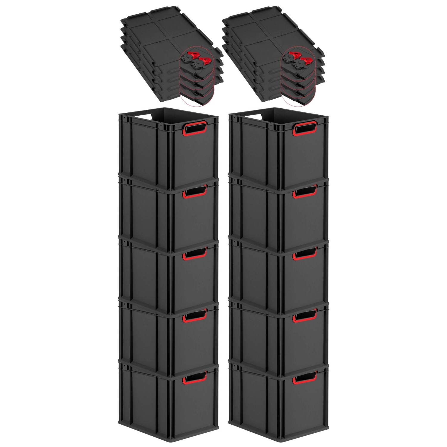PROREGAL SuperSparSet 10x Eurobox Nextgen Color Mit Scharnierdeckel HxBxT 32x30x40cm 30 Liter Schwarz Griffe Rot Offen Eurobehälter Transportbox von PROREGAL