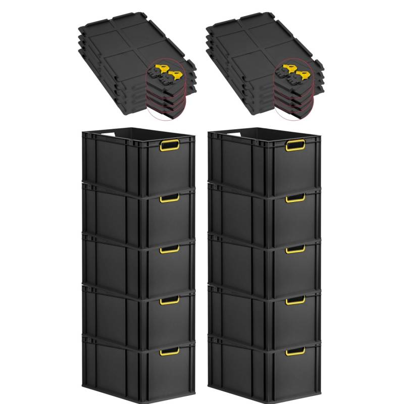 PROREGAL SuperSparSet 10x Eurobox Nextgen Color Mit Scharnierdeckel HxBxT 32x40x60cm 65 Liter Schwarz Griffe Gelb Offen Eurobehälter Transportbox von PROREGAL