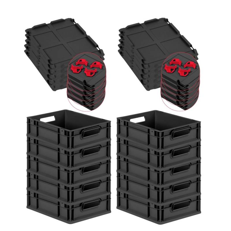 PROREGAL SuperSparSet 10x Eurobox Nextgen Grip Mit Scharnierdeckel Und Roten Verschlüssen HxBxT 12x30x40cm 11 Liter Schwarz Griffe Offen von PROREGAL