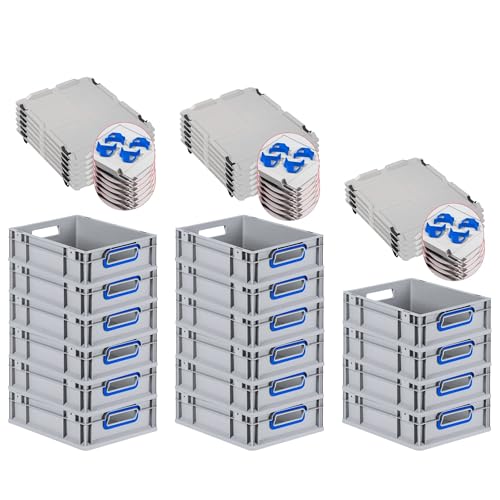 PROREGAL SuperSparSet 16x Eurobox NextGen Color mit Auflagedeckel & Schiebeschnappverschlüsse, HxBxT 12x30x40cm, 11L, Griffe blau offen, Glatter Boden, Eurobehälter Transportbox Transportbehälter von PROREGAL