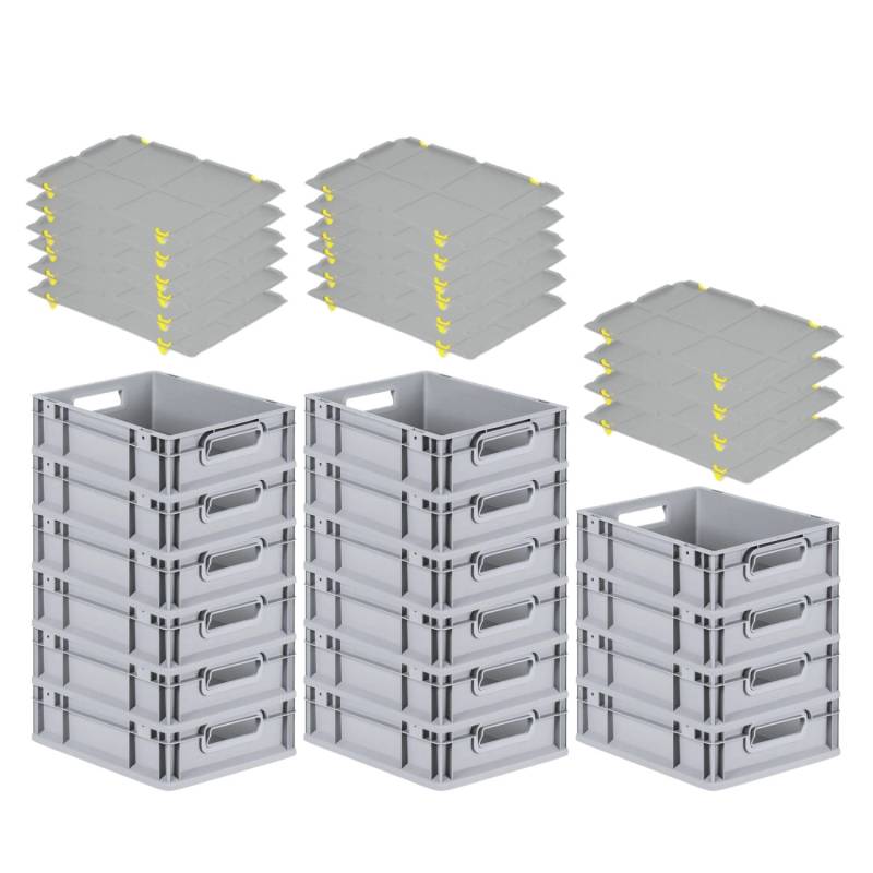 PROREGAL SuperSparSet 16x Eurobox NextGen Grip mit Auflagedeckel mit 4 Gelben Schiebeschnappverschlüssen HxBxT 12 x 30 x 40 cm 11 Liter Griffe von PROREGAL