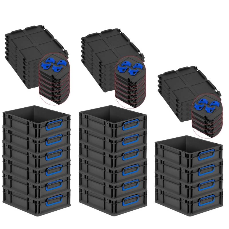 PROREGAL SuperSparSet 16x Eurobox Nextgen Color Mit Auflagedeckel HxBxT 12x30x40cm 11 Liter Schwarz Griffe Blau Geschlossen Eurobehälter Transportbox von PROREGAL
