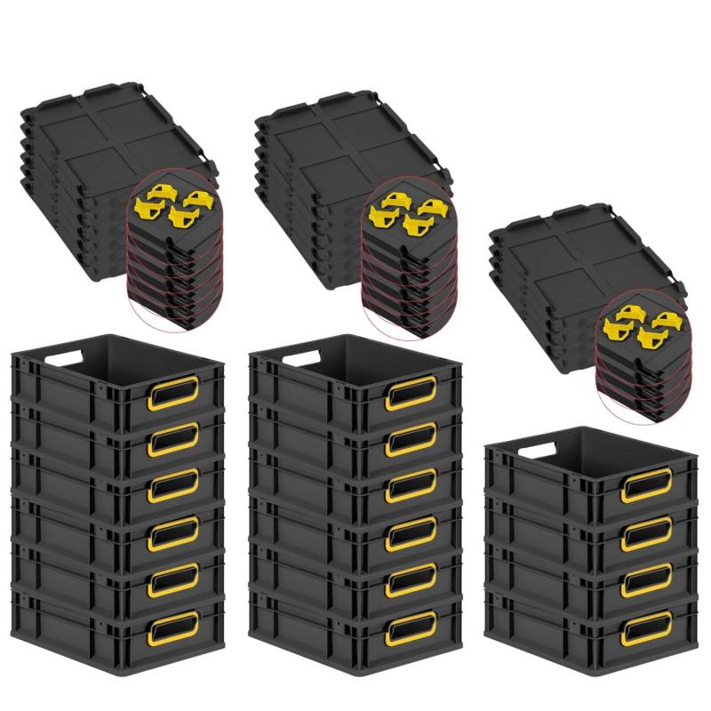 PROREGAL SuperSparSet 16x Eurobox Nextgen Color Mit Auflagedeckel HxBxT 12x30x40cm 11 Liter Schwarz Griffe Gelb Offen Eurobehälter Transportbox von PROREGAL