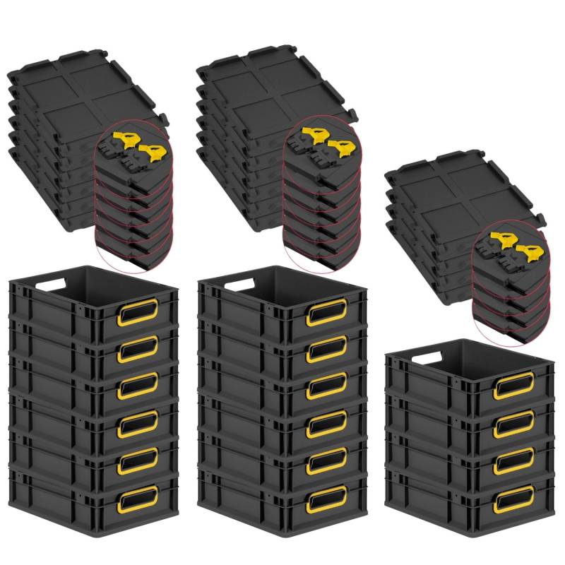 PROREGAL SuperSparSet 16x Eurobox Nextgen Color Mit Scharnierdeckel HxBxT 12x30x40cm 11 Liter Schwarz Griffe Gelb Offen Eurobehälter Transportbox von PROREGAL