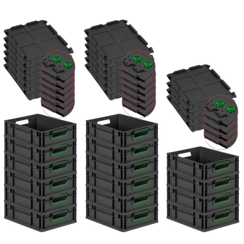 PROREGAL SuperSparSet 16x Eurobox Nextgen Color Mit Scharnierdeckel HxBxT 12x30x40cm 11 Liter Schwarz Griffe Grün Offen Eurobehälter Transportbox von PROREGAL