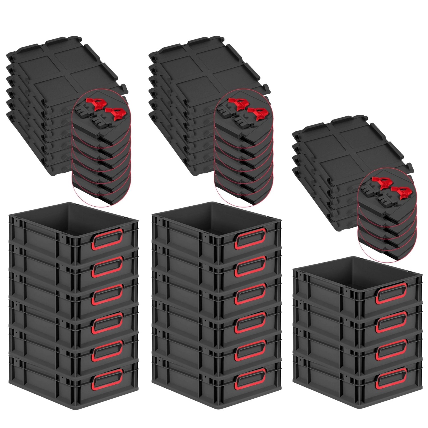 PROREGAL SuperSparSet 16x Eurobox Nextgen Color Mit Scharnierdeckel HxBxT 12x30x40cm 11 Liter Schwarz Griffe Rot Geschlossen Eurobehälter Transportbox von PROREGAL
