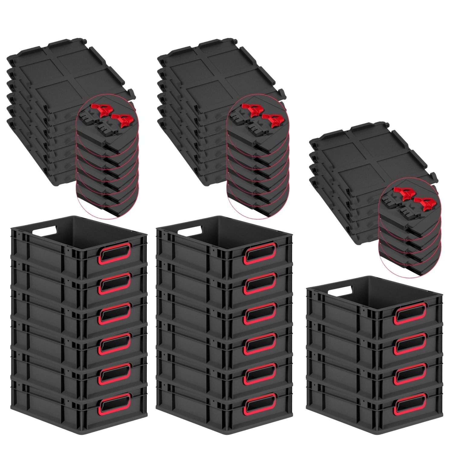 PROREGAL SuperSparSet 16x Eurobox Nextgen Color Mit Scharnierdeckel HxBxT 12x30x40cm 11 Liter Schwarz Griffe Rot Offen Eurobehälter Transportbox von PROREGAL