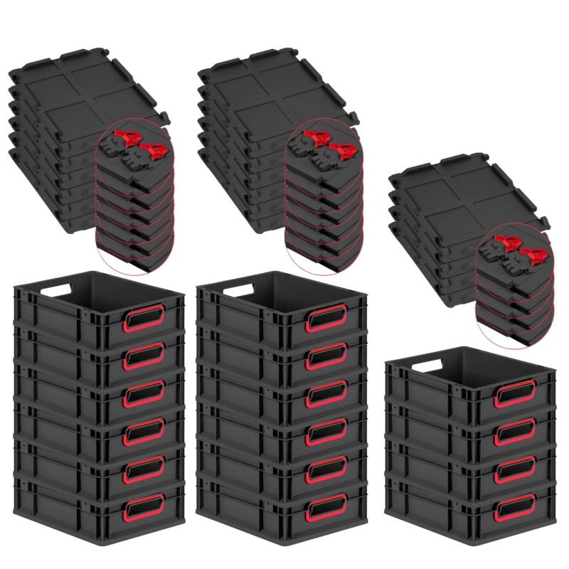 PROREGAL SuperSparSet 16x Eurobox Nextgen Color Mit Scharnierdeckel HxBxT 12x30x40cm 11 Liter Schwarz Griffe Rot Offen Eurobehälter Transportbox von PROREGAL
