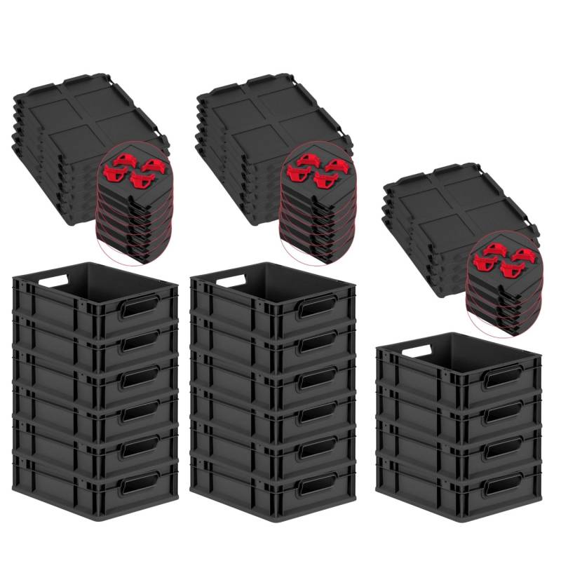 PROREGAL SuperSparSet 16x Eurobox Nextgen Grip Mit Scharnierdeckel Und Roten Verschlüssen HxBxT 12x30x40cm 11 Liter Schwarz Griffe Offen von PROREGAL