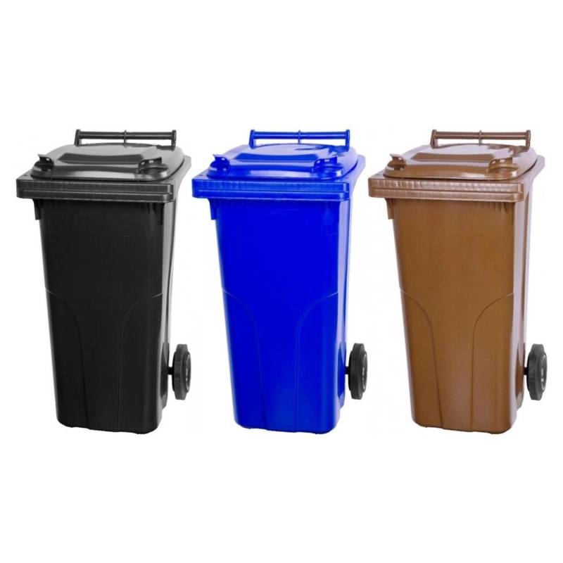 PROREGAL SuperSparSet 3x 2-Rad-Mülltonne Mgb HDPE-Kunststoff 120 Liter Grau/Schwarz & Blau & Braun von PROREGAL