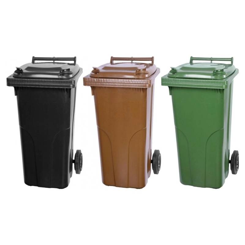 PROREGAL SuperSparSet 3x 2-Rad-Mülltonne Mgb HDPE-Kunststoff 120 Liter Grau/Schwarz & Braun & Grün von PROREGAL