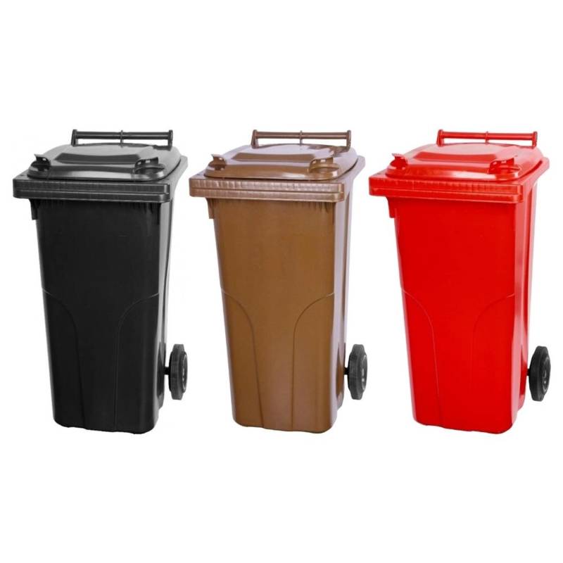 PROREGAL SuperSparSet 3x 2-Rad-Mülltonne Mgb HDPE-Kunststoff 120 Liter Grau/Schwarz & Braun & Rot von PROREGAL