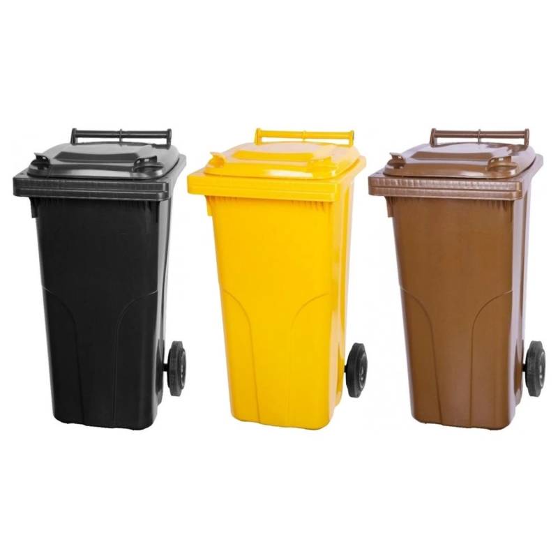 PROREGAL SuperSparSet 3x 2-Rad-Mülltonne Mgb HDPE-Kunststoff 120 Liter Grau/Schwarz & Gelb & Braun von PROREGAL