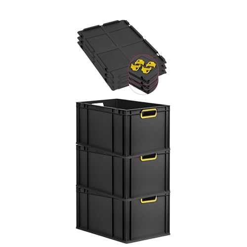 PROREGAL SuperSparSet 3x Eurobox NextGen Color mit Auflagedeckel & Schiebeschnappverschlüsse, HxBxT 32x40x60cm, 65L, Schwarz, Griffe gelb offen,Eurobehälter, Transportbox, Transportbehälter PROREGAL SuperSparSet 3x Eurobox NextGen Color mit Auflagedeckel & Schiebeschnappverschlüsse, HxBxT 32x40x60cm, 65L, Schwarz, Griffe gelb offen,Eurobehälter, Transportbox, Transportbehälter von PROREGAL