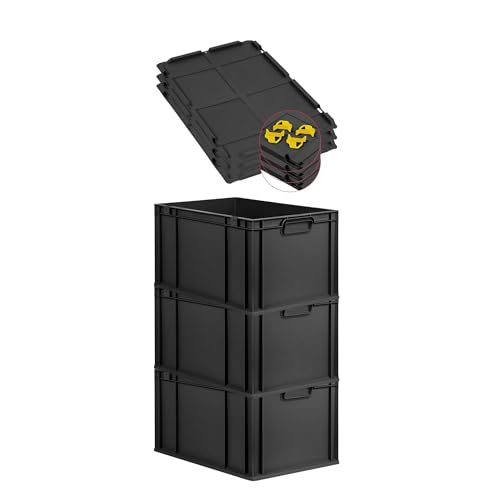 PROREGAL SuperSparSet 3x Eurobox NextGen Grip mit Auflagedeckel & 4 gelben Schiebeschnappverschlüssen, HxBxT 32x40x60cm, 65L, Schwarz, Griffe zu, Eurobehälter, Transportbox, Transportbehälter von PROREGAL