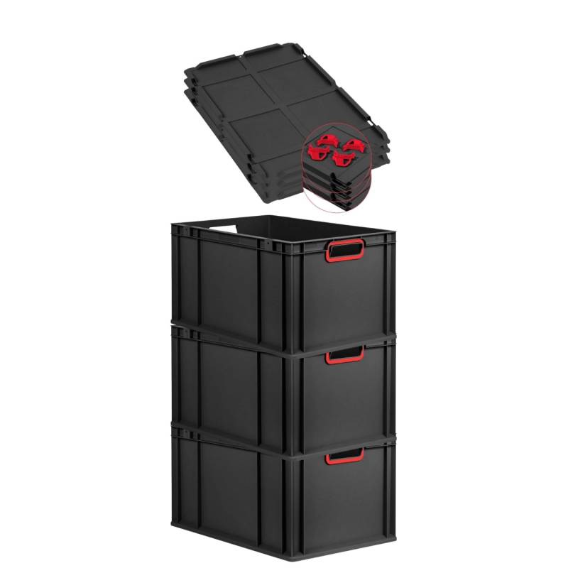 PROREGAL SuperSparSet 3x Eurobox Nextgen Color Mit Auflagedeckel HxBxT 32x40x60cm 65 Liter Schwarz Griffe Rot Offen Eurobehälter Transportbox von PROREGAL