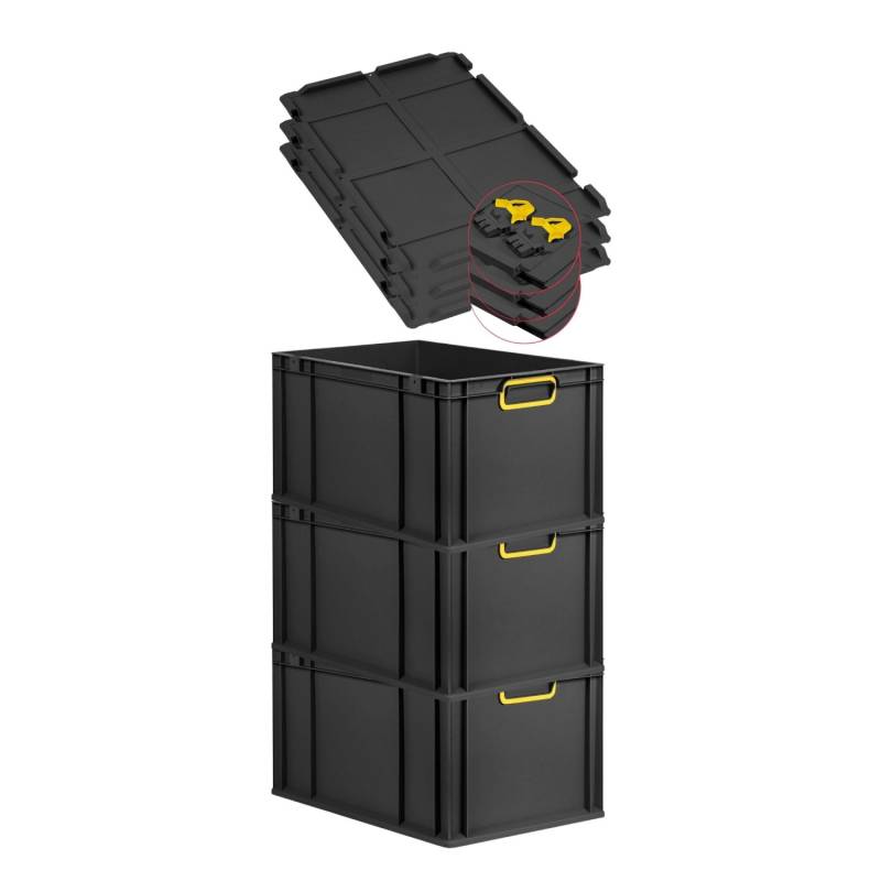 PROREGAL SuperSparSet 3x Eurobox Nextgen Color Mit Scharnierdeckel HxBxT 32x40x60cm 65 Liter Schwarz Griffe Gelb Geschlossen Eurobehälter Transportbox von PROREGAL