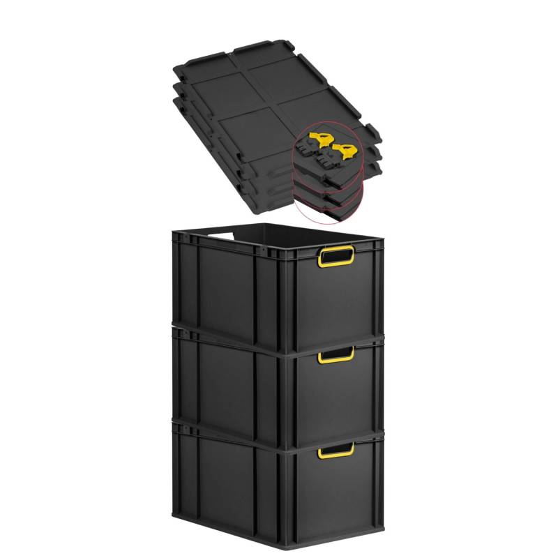 PROREGAL SuperSparSet 3x Eurobox Nextgen Color Mit Scharnierdeckel HxBxT 32x40x60cm 65 Liter Schwarz Griffe Gelb Offen Eurobehälter Transportbox von PROREGAL