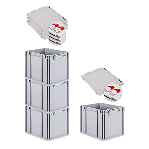 PROREGAL SuperSparSet 4x Eurobox NextGen Grip mit Deckel & roten Verschlüssen | HxBxT 32x30x40cm | 30 Liter | Griffe geschlossen | Glatter Boden | Eurobehälter Transportbox Transportbehälter von PROREGAL