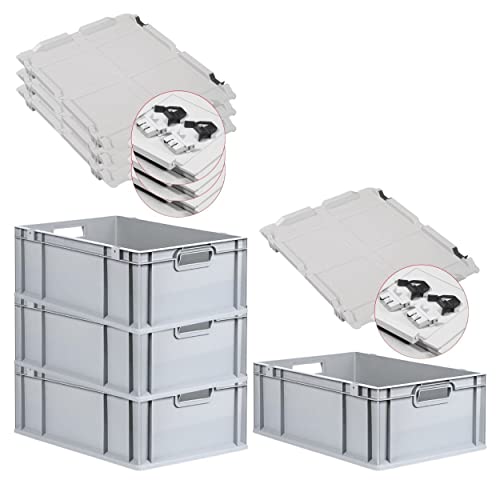 PROREGAL SuperSparSet 4x Eurobox NextGen Grip mit Scharnierdeckel und schwarzen Schiebeschnappverschlüssen, HxBxT 22x40x60cm, 44 L, Grau, Griffe offen, Eurobehälter, Transportbox von PROREGAL