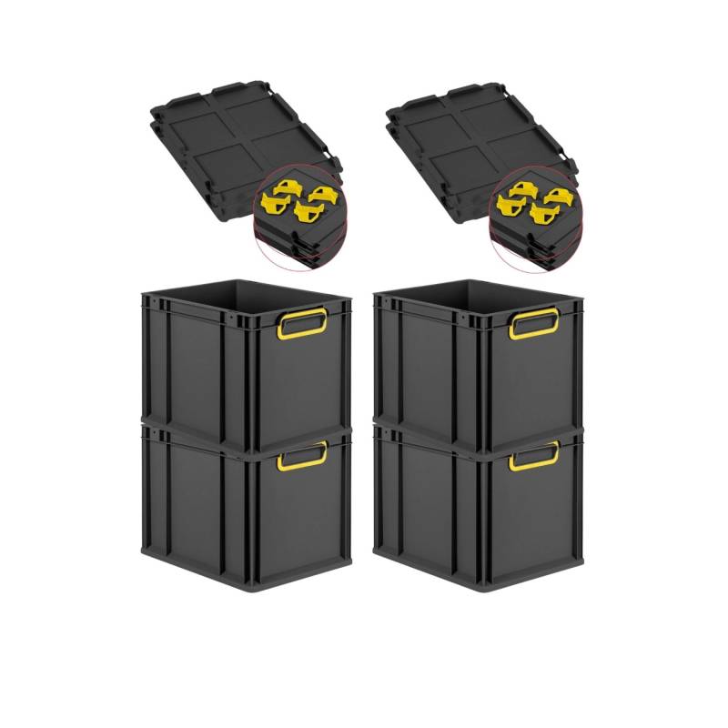 PROREGAL SuperSparSet 4x Eurobox Nextgen Color Mit Auflagedeckel HxBxT 32x30x40cm 30 Liter Schwarz Griffe Gelb Geschlossen Eurobehälter Transportbox von PROREGAL