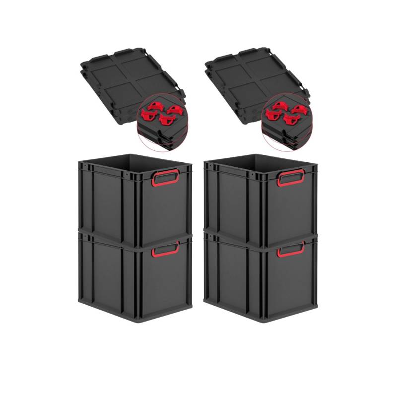PROREGAL SuperSparSet 4x Eurobox Nextgen Color Mit Auflagedeckel HxBxT 32x30x40cm 30 Liter Schwarz Griffe Rot Geschlossen Eurobehälter Transportbox von PROREGAL
