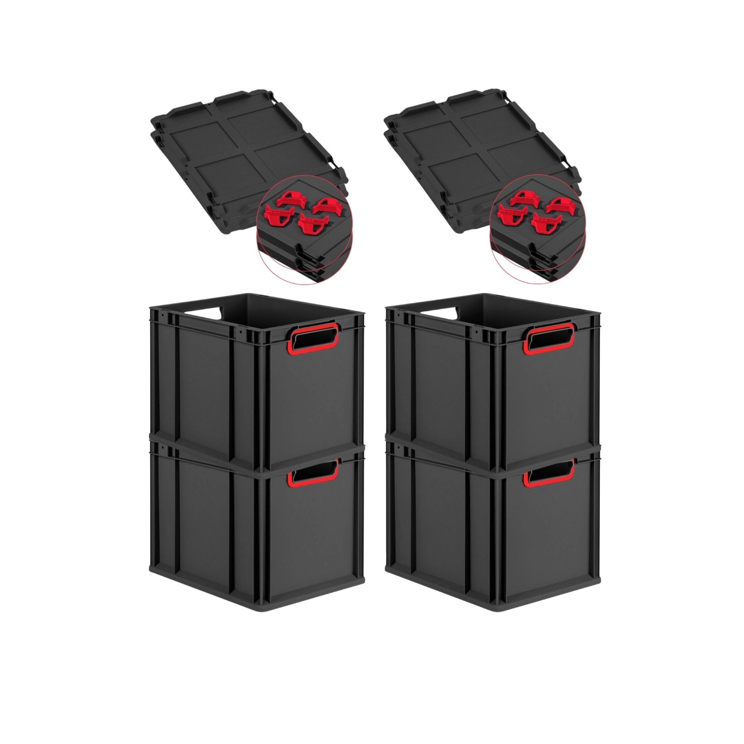 PROREGAL SuperSparSet 4x Eurobox Nextgen Color Mit Auflagedeckel HxBxT 32x30x40cm 30 Liter Schwarz Griffe Rot Offen Eurobehälter Transportbox von PROREGAL