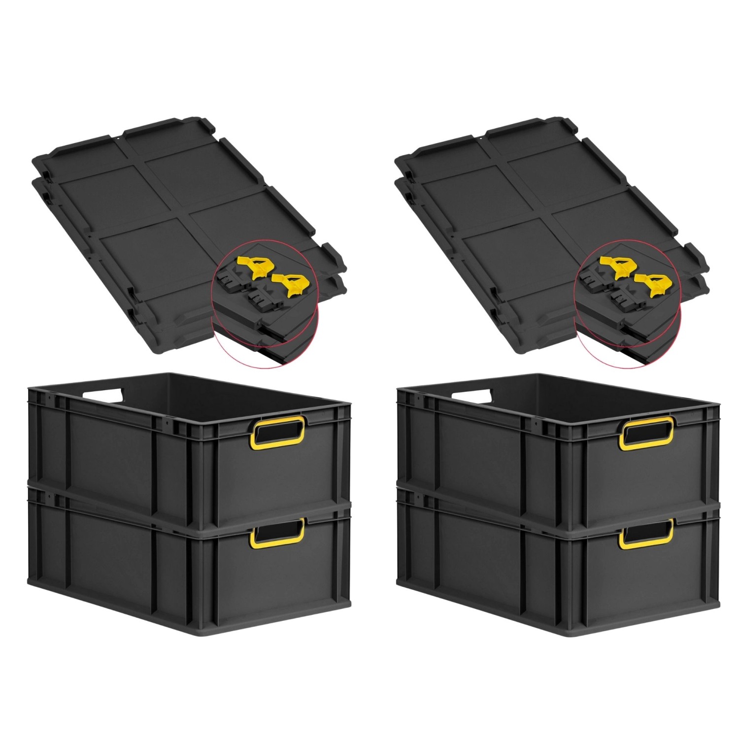PROREGAL SuperSparSet 4x Eurobox Nextgen Color Mit Scharnierdeckel HxBxT 22x40x60cm 44 Liter Schwarz Griffe Gelb Offen Eurobehälter Transportbox von PROREGAL