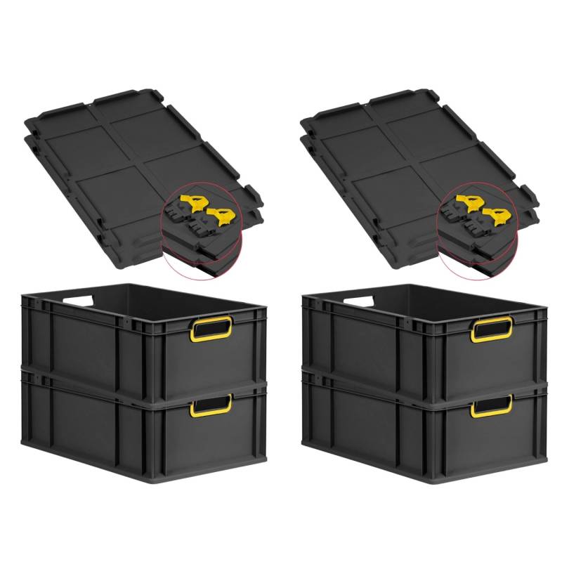 PROREGAL SuperSparSet 4x Eurobox Nextgen Color Mit Scharnierdeckel HxBxT 22x40x60cm 44 Liter Schwarz Griffe Gelb Offen Eurobehälter Transportbox von PROREGAL