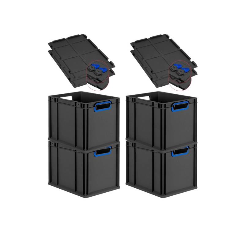 PROREGAL SuperSparSet 4x Eurobox Nextgen Color Mit Scharnierdeckel HxBxT 32x30x40cm 30 Liter Schwarz Griffe Blau Offen Eurobehälter Transportbox von PROREGAL