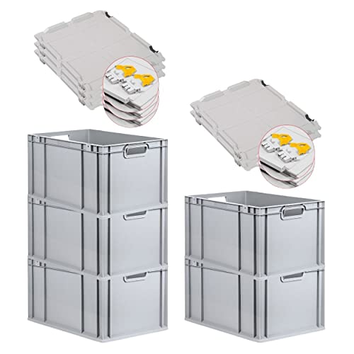 PROREGAL SuperSparSet 5x Eurobox NextGen Grip mit Deckel & gelben Verschlüssen | HxBxT 32x40x60cm | 65 Liter | Griffe offen | Verstärkter Boden | Eurobehälter Transportbox Transportbehälter von PROREGAL