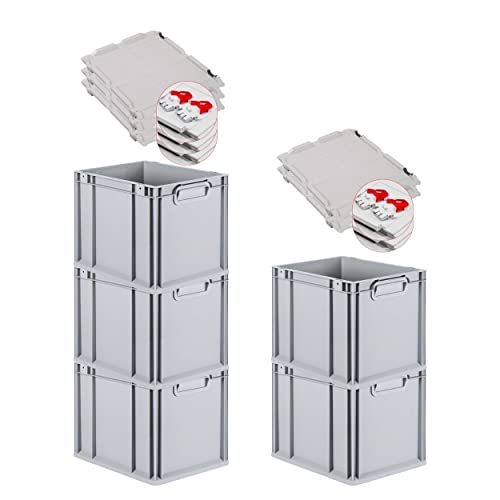 PROREGAL SuperSparSet 5x Eurobox NextGen Grip mit Deckel & roten Verschlüssen | HxBxT 32x30x40cm | 30 Liter | Griffe geschlossen | Glatter Boden | Eurobehälter Transportbox Transportbehälter von PROREGAL