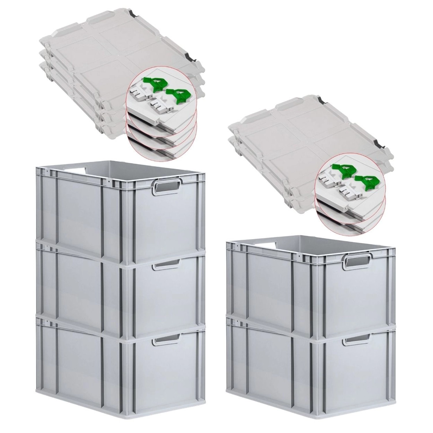 PROREGAL SuperSparSet 5x Eurobox NextGen Grip mit Scharnierdeckel und Grünen Schiebeschnappverschlüssen HxBxT 32 x 40 x 60 cm 65 Liter von PROREGAL