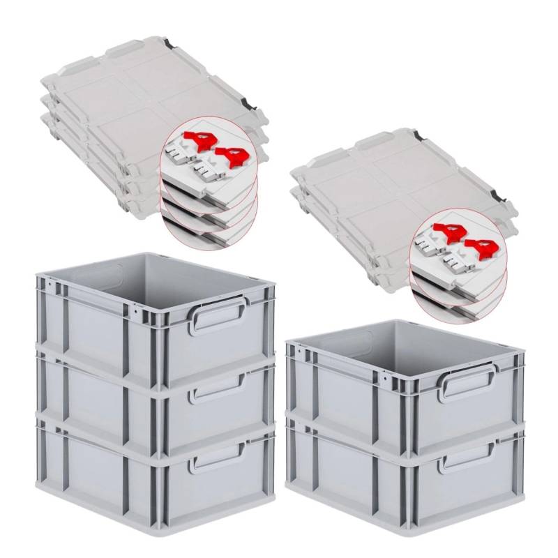 PROREGAL SuperSparSet 5x Eurobox NextGen Grip mit Scharnierdeckel und Roten Schiebeschnappverschlüssen HxBxT 17 x 30 x 40 cm 16 Liter von PROREGAL