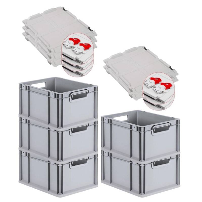 PROREGAL SuperSparSet 5x Eurobox NextGen Grip mit Scharnierdeckel und Roten Schiebeschnappverschlüssen HxBxT 22 x 30 x 40 cm 20 Liter Griffe von PROREGAL